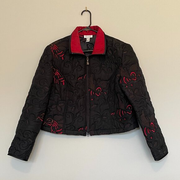 Embroidered Crop Moto Jacket Black Red Size 14 - Picture 2 of 10